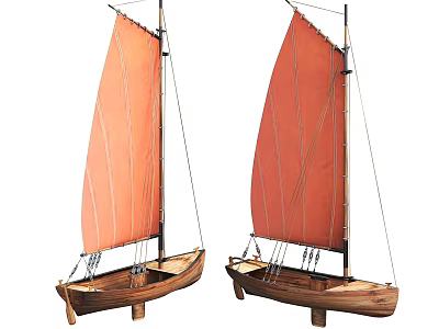 Two Vintage Wooden Sailboat Models With Orange Sails And Decorative Details 3d model