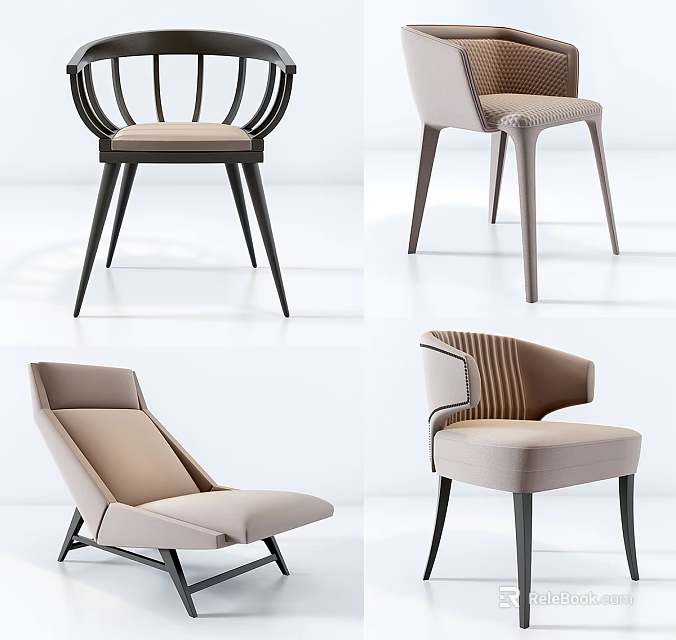Modern Upholstered Leisure Chair With Curved Backrest Striped Pattern And Slim Legs 3d model 