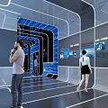 Modern Tech Inspired Office Corridor Interior With Blue Lighting And People Walking 3d model
