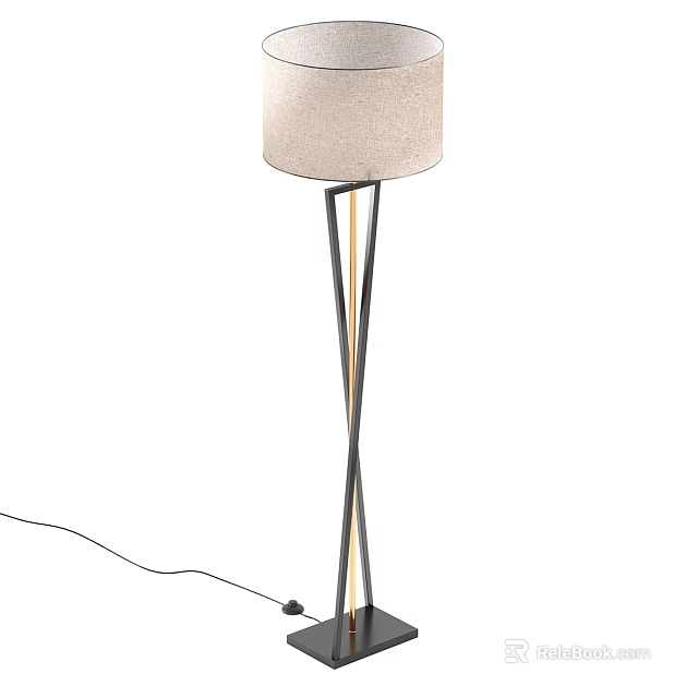 Modern Floor Lamp With Beige Fabric Shade And Crossed Black Metal Stand 3d model 
