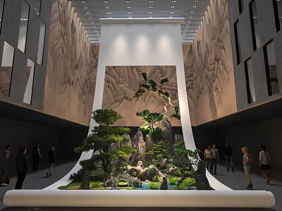 Modern Indoor Exhibition Interior With Large Landscape Painting Rockery Pine Trees And Water Pond 3d model