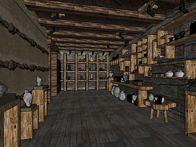 Rustic Ceramic Store Interior With Wooden Shelves Display Cabinets And Handcrafted Pottery 3d model