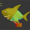 Blue 3D Shark Model With Open Mouth Sharp Teeth Standing On Black Cube Gray Background 3d model