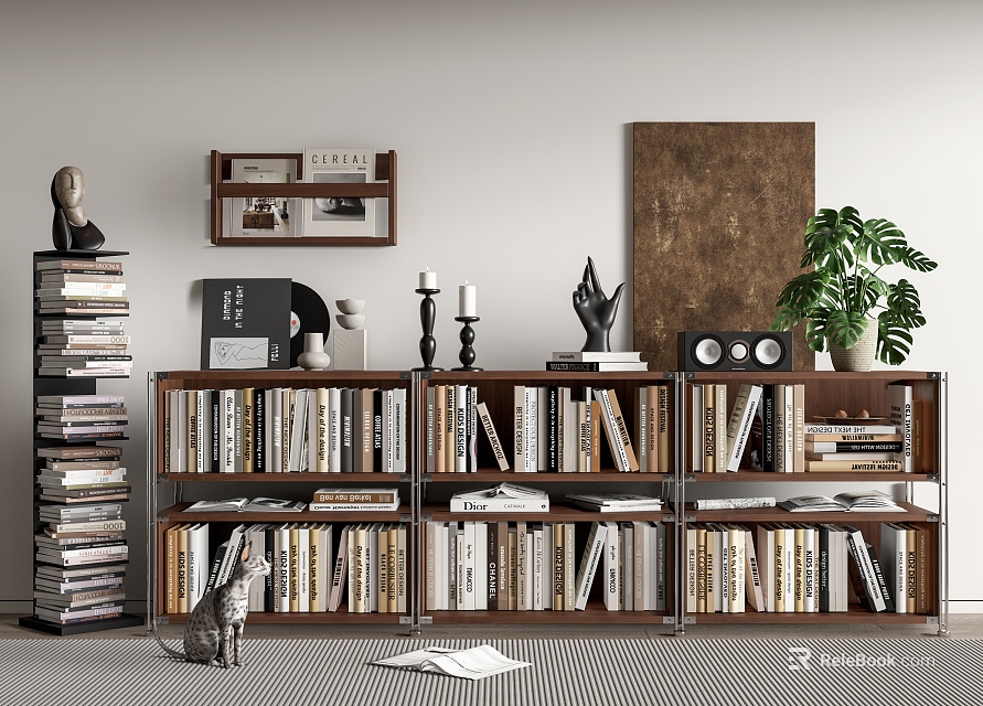 Modern Bookcase Interior Design With Wooden Shelves Metal Frame Books Decorative Items And Green Plants 3d model 