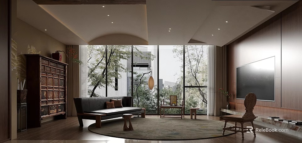 Modern Natural Living Room With Large Windows Sofa TV Wooden Furniture And Area Rug 3d model 