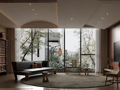 Modern Natural Living Room With Large Windows Sofa TV Wooden Furniture And Area Rug 3d model