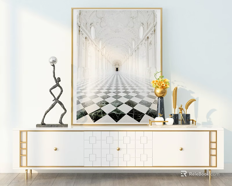 White TV Stand with Gold Accents Black Sculpture Vase Yellow Flowers and Checkered Corridor Painting 3d model 