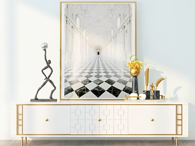 White TV Stand with Gold Accents Black Sculpture Vase Yellow Flowers and Checkered Corridor Painting 3d model