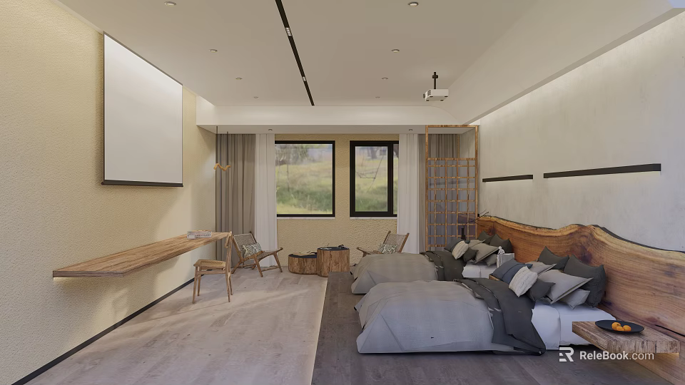 Modern Hotel Guest Room Featuring Twin Beds Wooden Decor And Green View Windows 3d model 