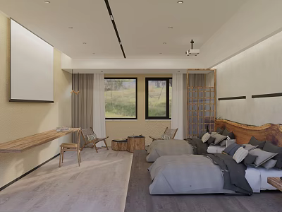 Modern Hotel Guest Room Featuring Twin Beds Wooden Decor And Green View Windows 3d model