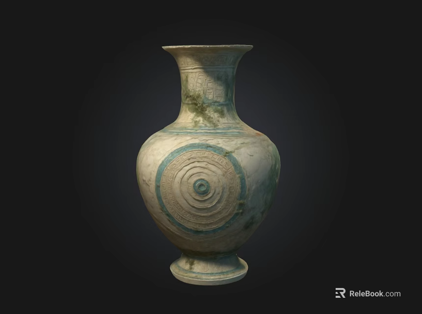 Ceramic Vase In Cream Color With Green Circular Spiral Patterns And Classic Design 3d model 