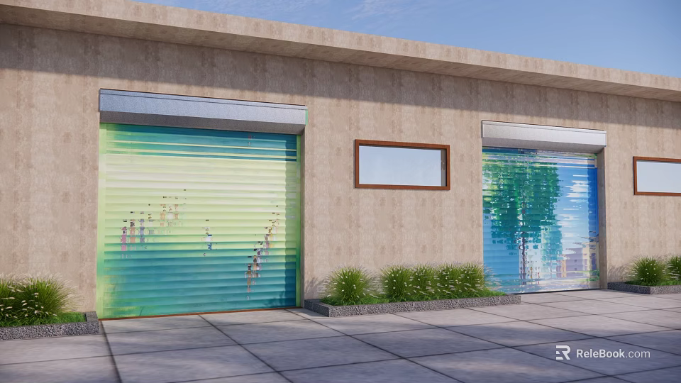 Entrance Gate With Green Blue Roller Doors Small Window And Green Plants On Building Exterior 3d model 
