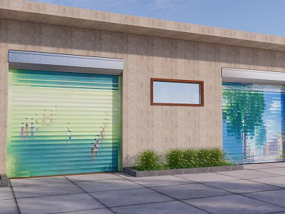 Entrance Gate With Green Blue Roller Doors Small Window And Green Plants On Building Exterior 3d model