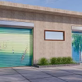 Entrance Gate With Green Blue Roller Doors Small Window And Green Plants On Building Exterior