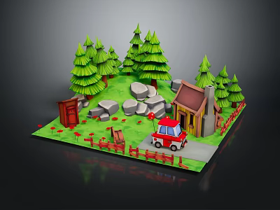 Cartoon Scene with Wooden Cabin Green Pine Trees Red Car Stones Fence and Flowers 3d model