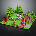 Cartoon Scene with Wooden Cabin Green Pine Trees Red Car Stones Fence and Flowers