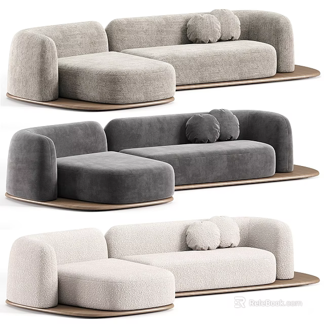 Modern Sectional Sofa With Curved Armrests Throw Pillows And Wooden Base In Gray Beige Tones 3d model 