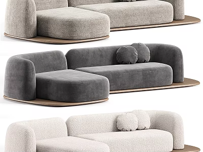 Modern Sectional Sofa With Curved Armrests Throw Pillows And Wooden Base In Gray Beige Tones 3d model