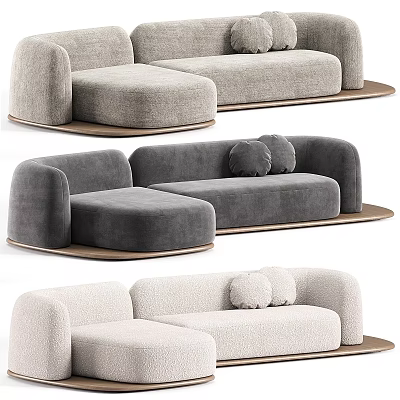 Modern Sectional Sofa With Curved Armrests Throw Pillows And Wooden Base In Gray Beige Tones 3d model