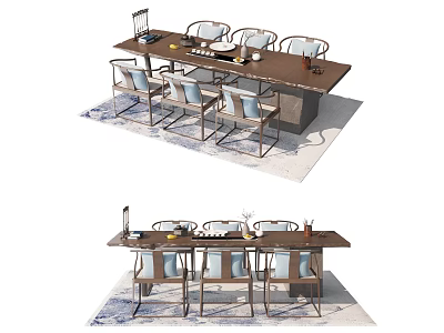 Modern Minimalist Wooden Tea Table and Chairs Set with Tea Sets on Neutral Decorative Rug 3d model