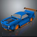 Modified Blue Sports Car With Orange Wheels Rear Spoiler And Black Stripes