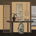 Traditional Chinese Entryway Hall Featuring Wooden Lattice Screen Calligraphy Painting And Lantern Pendant Light