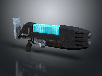 Futuristic Sci Fi Weapon with Black Metallic Body Glowing Blue Energy Core Mechanical Grip Design 3d model