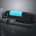 Futuristic Sci Fi Weapon with Black Metallic Body Glowing Blue Energy Core Mechanical Grip Design