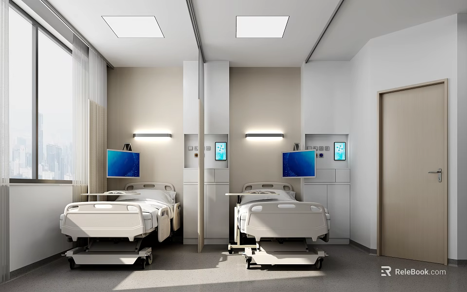 Modern Hospital Ward Interior With Medical Beds Digital Screens Windows And Cabinets 3d model 