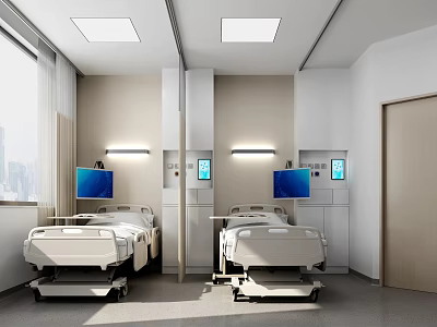 Modern Hospital Ward Interior With Medical Beds Digital Screens Windows And Cabinets 3d model