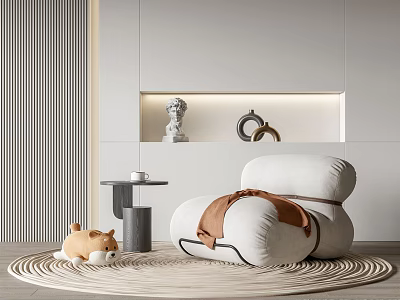 Modern Single Sofa in Minimalist Interior with Small Table Shiba Inu Plush and Wall Niche 3d model