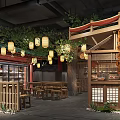 Traditional Japanese Style Restaurant Interior With Hanging Lanterns Wooden Structures And Green Plants