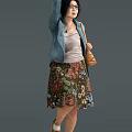 Woman In Blue Denim Jacket Pink Top Floral Skirt With Brown Handbag In Various Poses