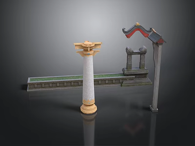 Traditional Architectural Elements Featuring White Column with Golden Top Ornate Roof and Stone Wall 3d model