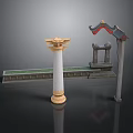 Traditional Architectural Elements Featuring White Column with Golden Top Ornate Roof and Stone Wall