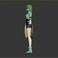 3D Model Character With Green Hair Light Green Top And Blue Shorts On Gray Background