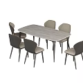 Modern Rectangular Dining Table and Six Chairs Set with Light Gray Top and Black Legs 3d model
