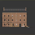 Cartoon Scene of Red Brick Building With Scaffolding Sloped Roof Arched Windows and Brick Piles