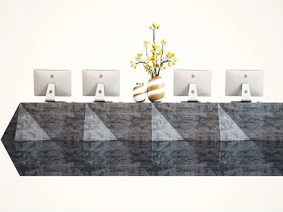 Gray Textured Reception Desk With Multiple Computer Monitors And Decorative Yellow Flower Vase 3d model