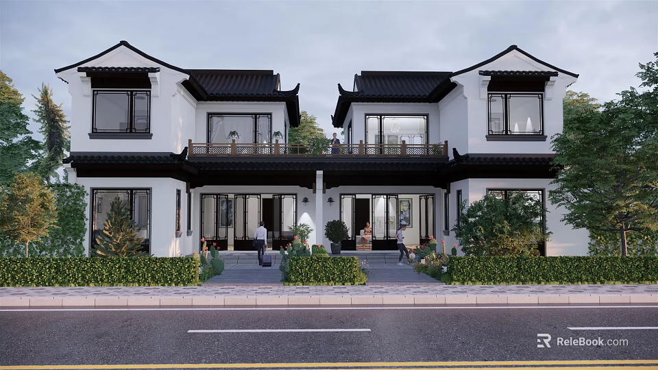 Traditional Chinese Semi Detached Villa With White Walls Black Roofs Front Courtyard And Green Plants 3d model 