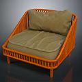 Orange Rattan Armchair With Green Cushions And Wicker Frame Design