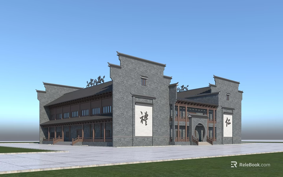 Ancient Chinese Traditional Architecture With Gray Bricks Tiles Zen Ren Inscriptions Front Square Lawn 3d model 