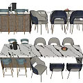 Modern Dining Table Set with Marble Tabletop Gray Blue Chairs and Bar Stools 3d model