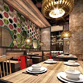 Elegant Restaurant Interior With Chandeliers Dining Tables Tile Walls And Decorative Ceiling