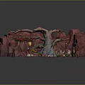 3D Cartoon Island Scene With Red Rocks Tree Rope Bridge Small Boat And Sandy Beach