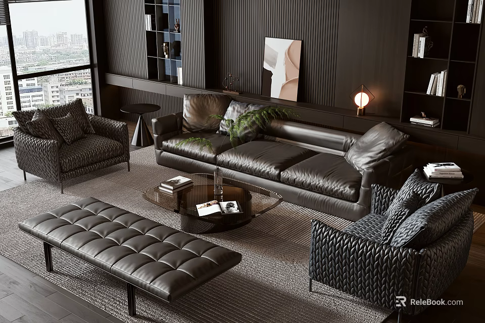 Modern Leather Sofa and Coffee Table Set with Armchairs Ottoman and Artwork 3d model 