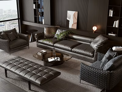 Modern Leather Sofa and Coffee Table Set with Armchairs Ottoman and Artwork 3d model