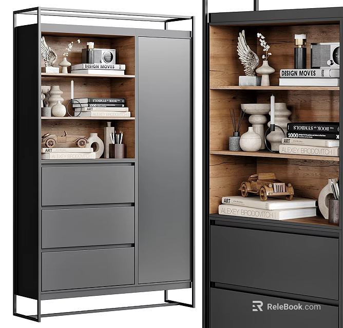 Stylish Black Wooden Bookcase With Shelves Drawers And Decorative Books Ornaments 3d model 