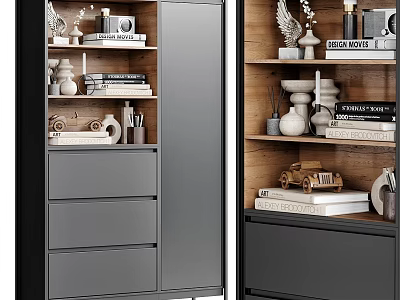 Stylish Black Wooden Bookcase With Shelves Drawers And Decorative Books Ornaments 3d model