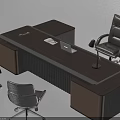 Modern Executive Office Desk With Dark Wood Finish Laptop Desk Lamp And Swivel Chairs